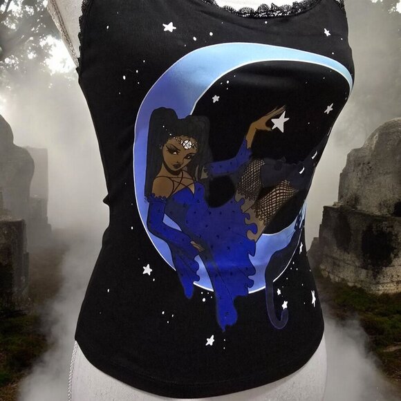 Grave Girls Witch Moon Tank – Black Lace Trim Spaghetti Strap Top | Deadstock S - Picture 3 of 7